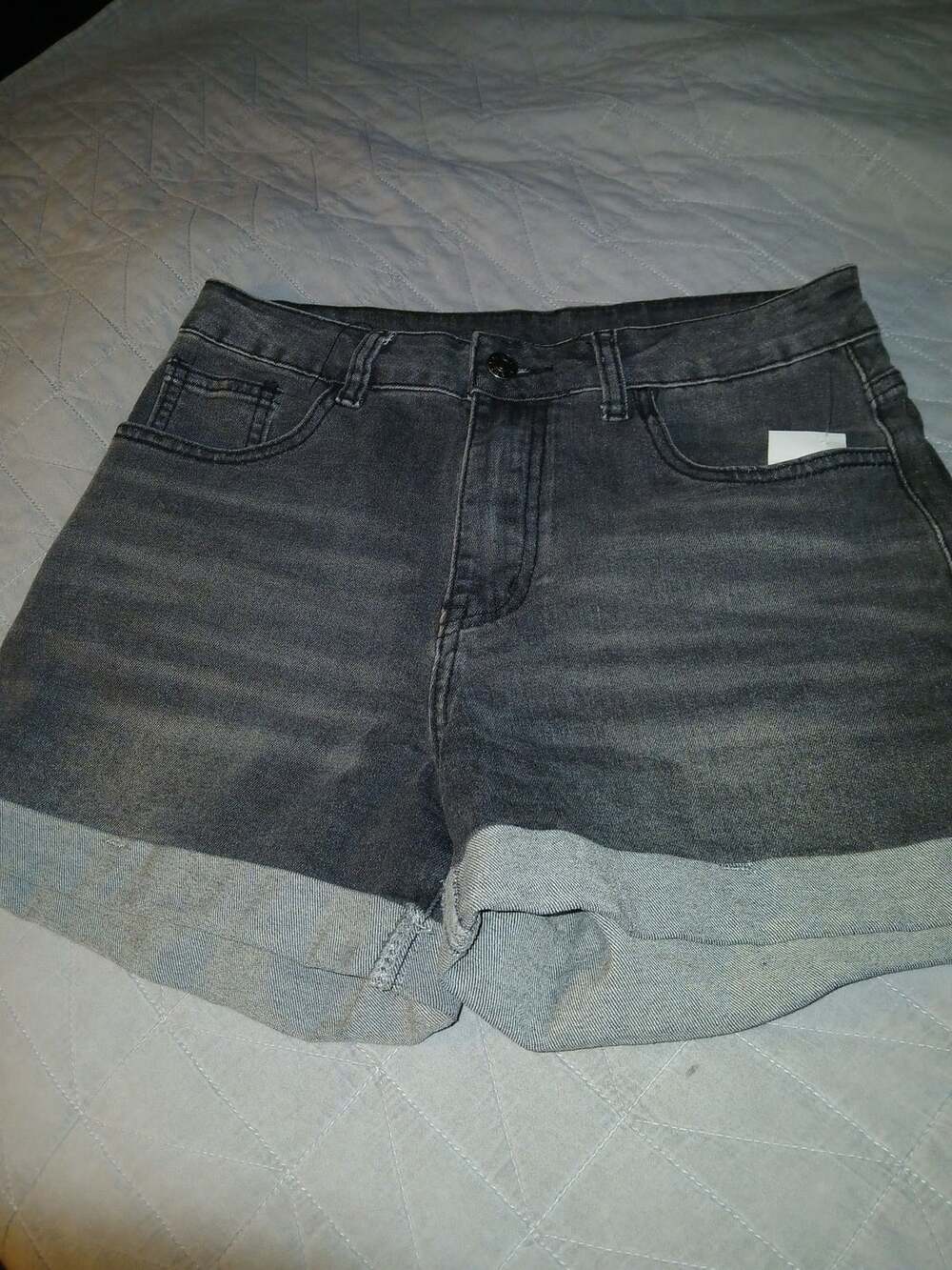 ROMWE Black Denim Cuffed Shorts with Rhinestone Cross Detail Size M